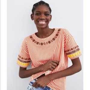 ZARA Embroidered Orange\White Striped Round Neck T-Shirt | Women's Medium NWT